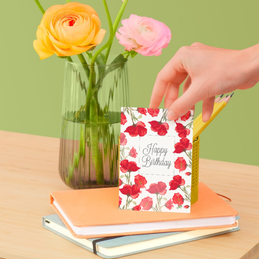 Poppy Frame Card – Happy Birthday Greeting Card with Watercolor Red Poppies