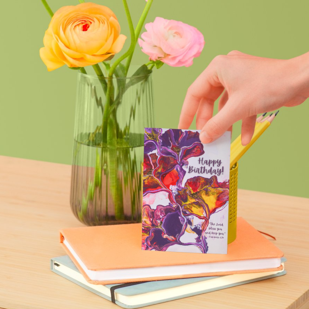Blessed Bloom Acrylic Flow Card – Happy Birthday Greeting Card with Abstract Florals & Biblical Blessing