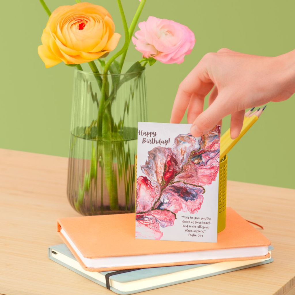 Desire Bloom Acrylic Flow Card – Happy Birthday Greeting Card with Abstract Florals & Psalm 20:4 Blessing