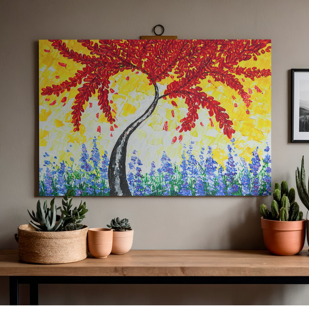 Crimson Tree Canvas Print – A3 Bold Red Floral Wall Art