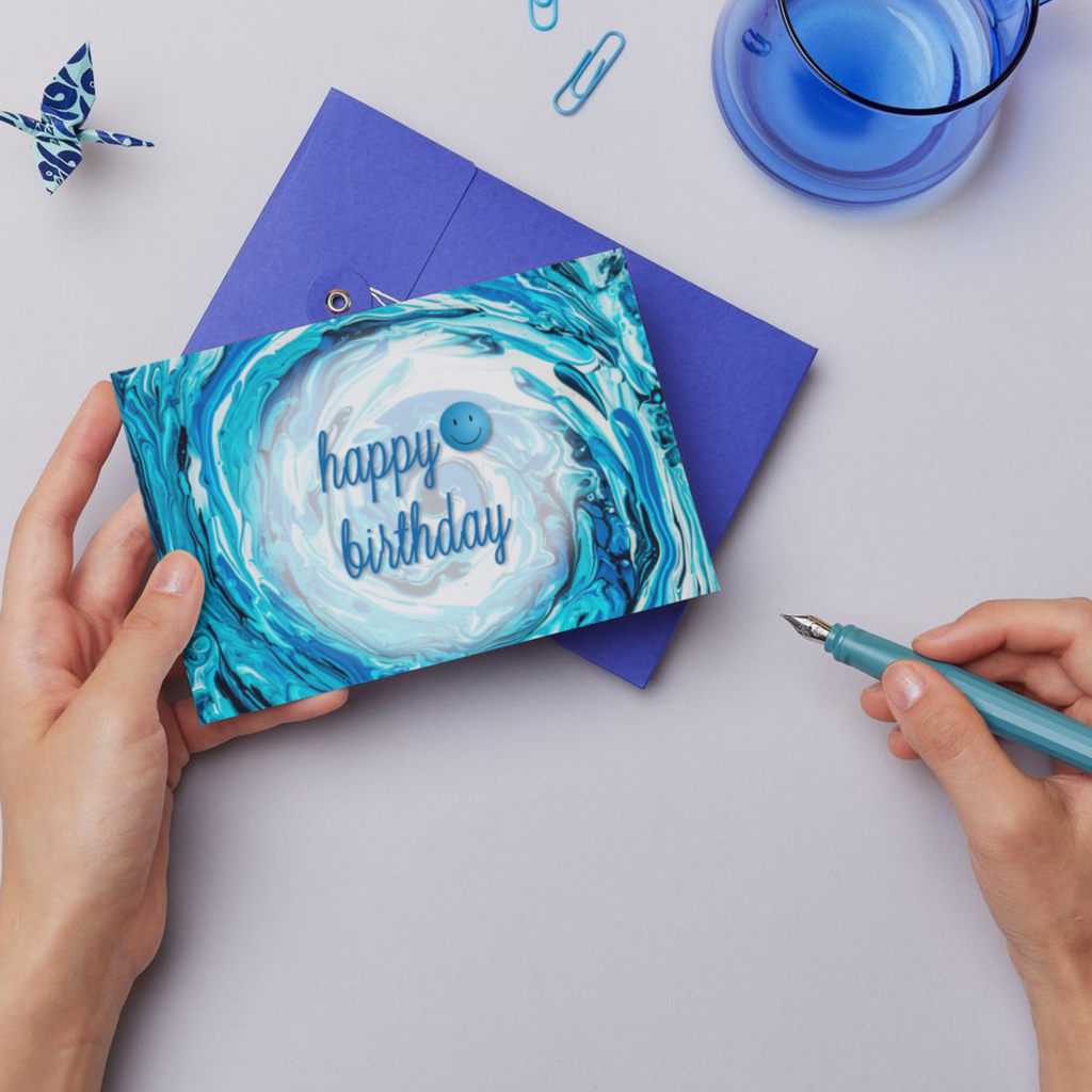 Spiral Splash Card – Happy Birthday Greeting Card with Acrylic Pour Spiral Wave & Smiley Detail