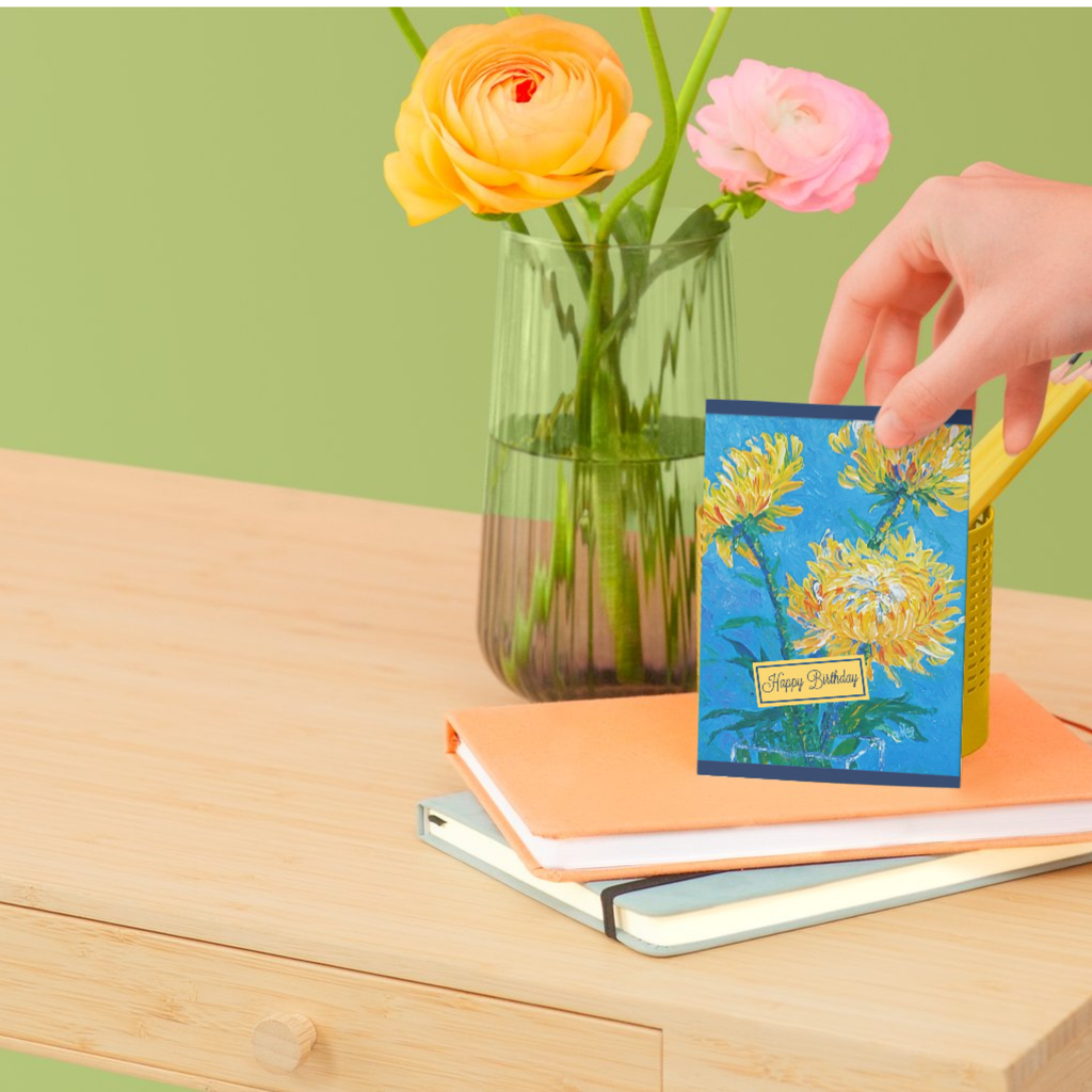 Chrysanthemum Sky Card – Happy Birthday Greeting Card with Yellow Chrysanthemum Painting