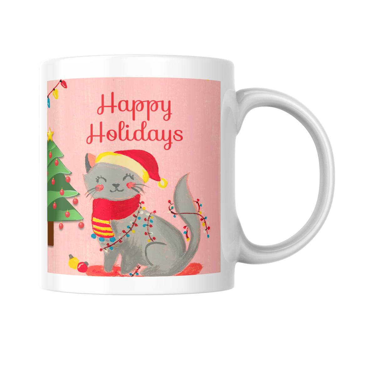 Grey Cat & Fairy Lights Mug – Happy Holidays Cat Ceramic Coffee Mug