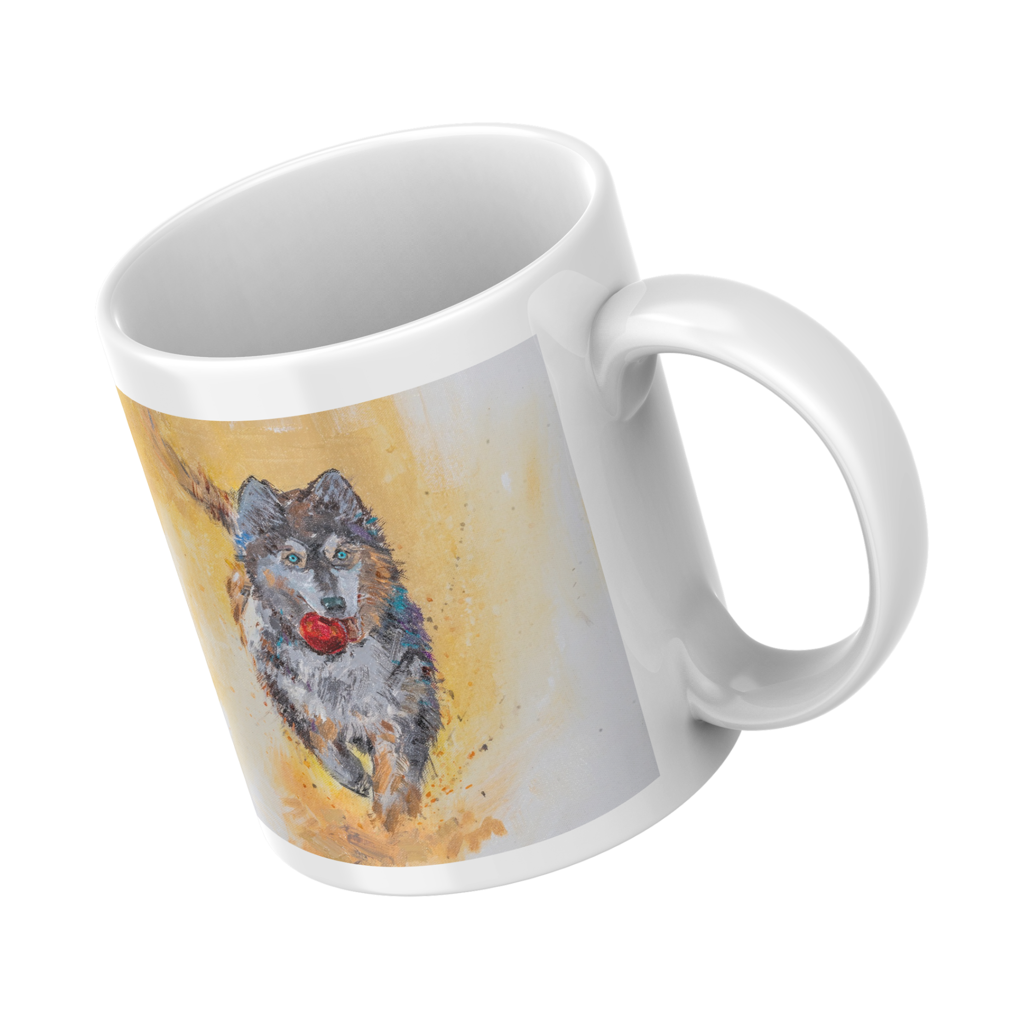 Playful Husky with Red Ball Mug – Energetic Dog Ceramic Coffee Mug