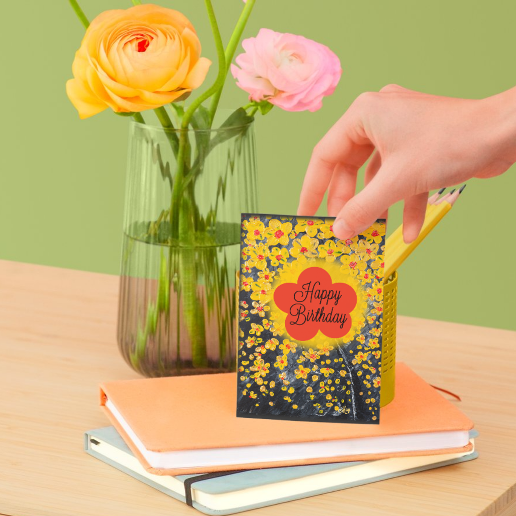 Radiant Bloom Card – Happy Birthday Greeting Card with Yellow Blossoms