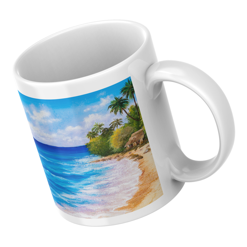 Coastal Retreat Mug – Ceramic Mug with Tropical Beach Scene & Palm Hut