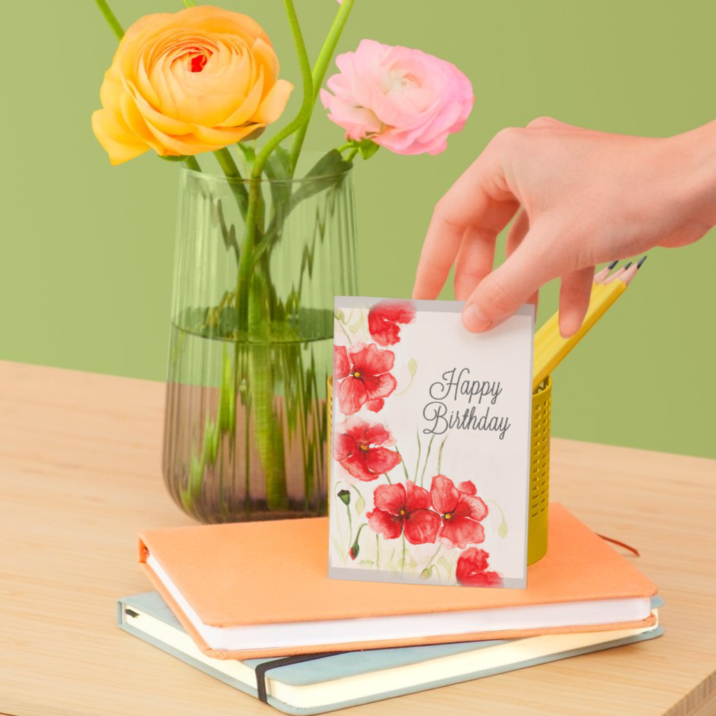 Poppy Blush Card – Happy Birthday Greeting Card with Watercolor Red Poppies