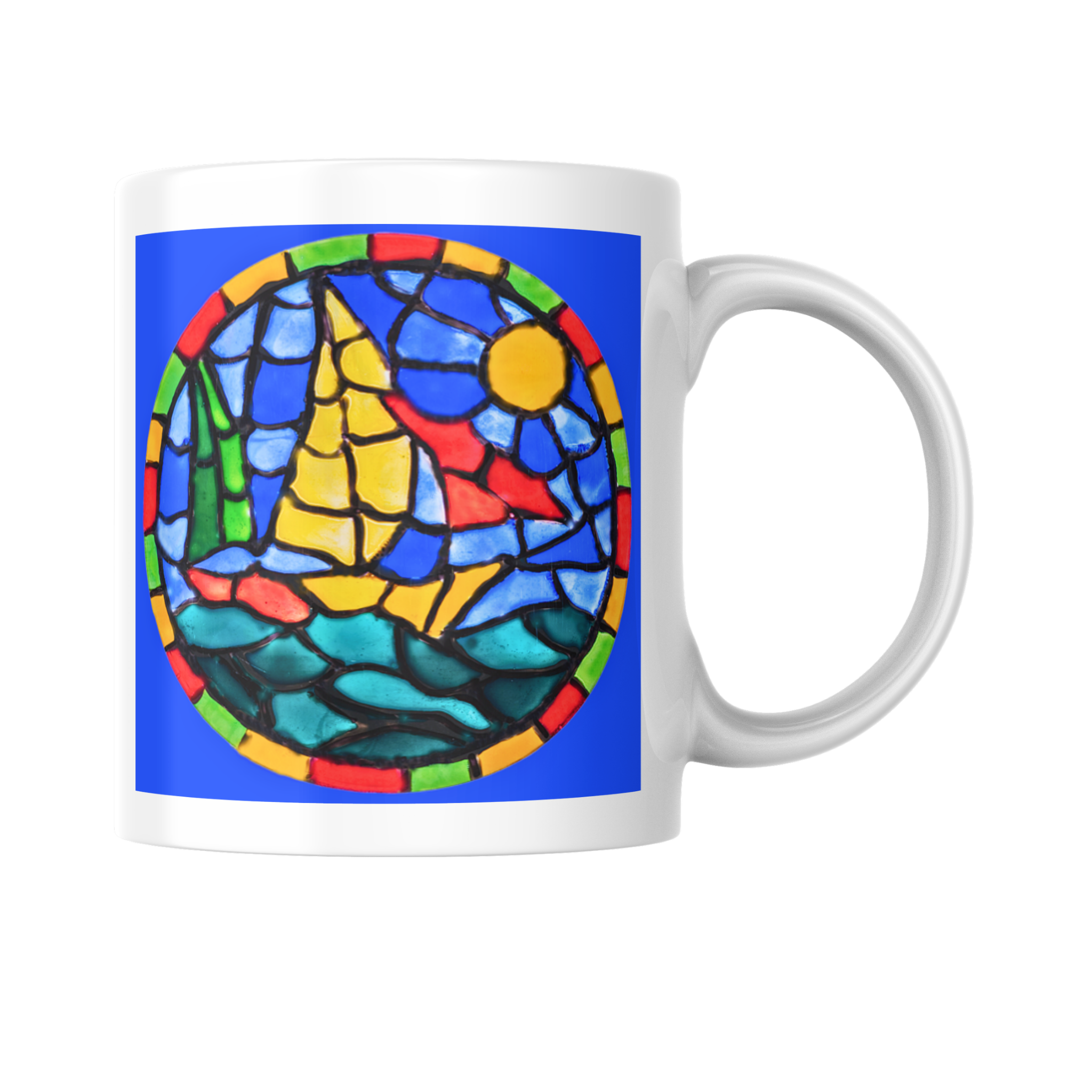 Stained Glass Sailboat at Sea Mug – Nautical Mosaic Ceramic Coffee Mug