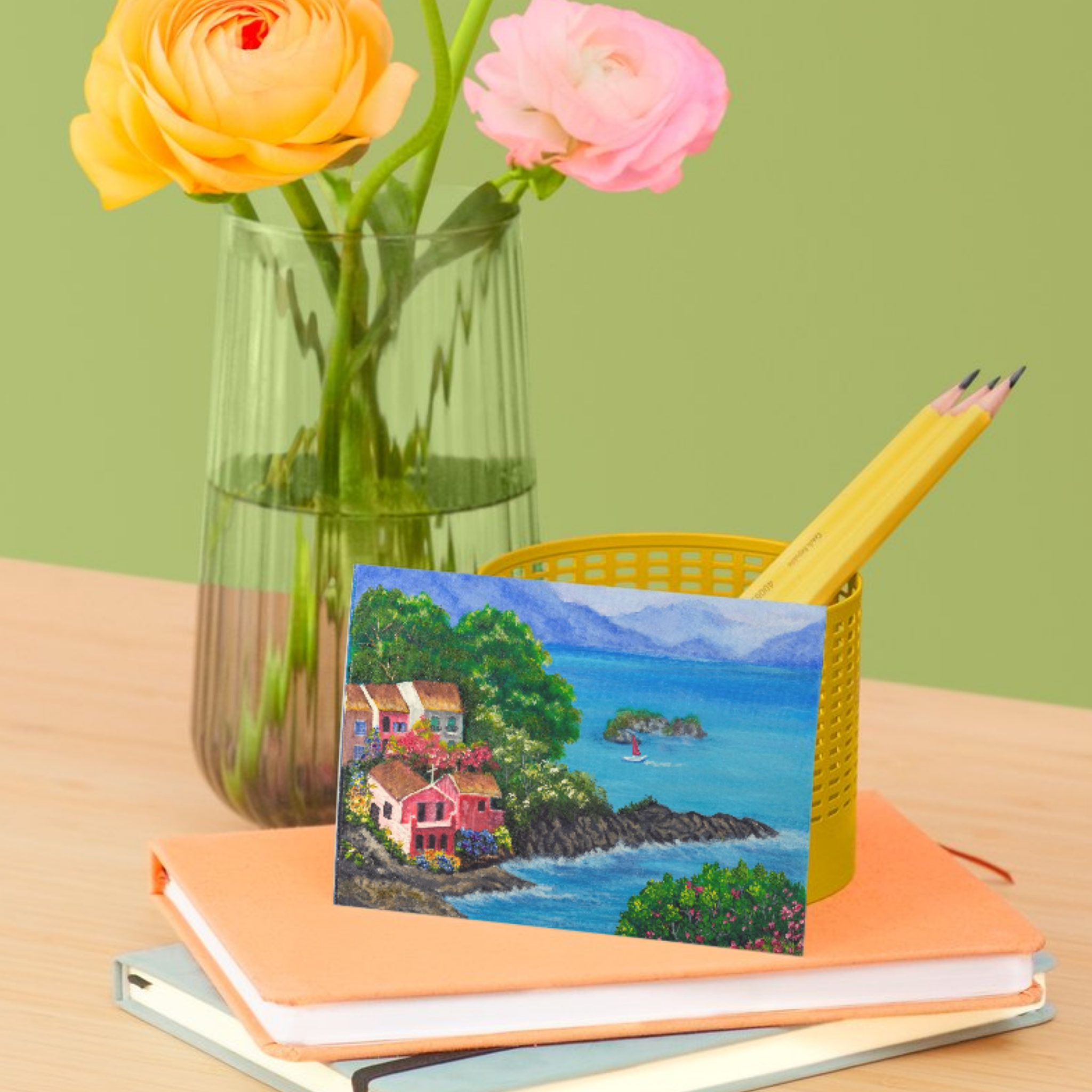 Seaside Bloom Card – Greeting Card with Vibrant Coastal Village & Nature Artwork