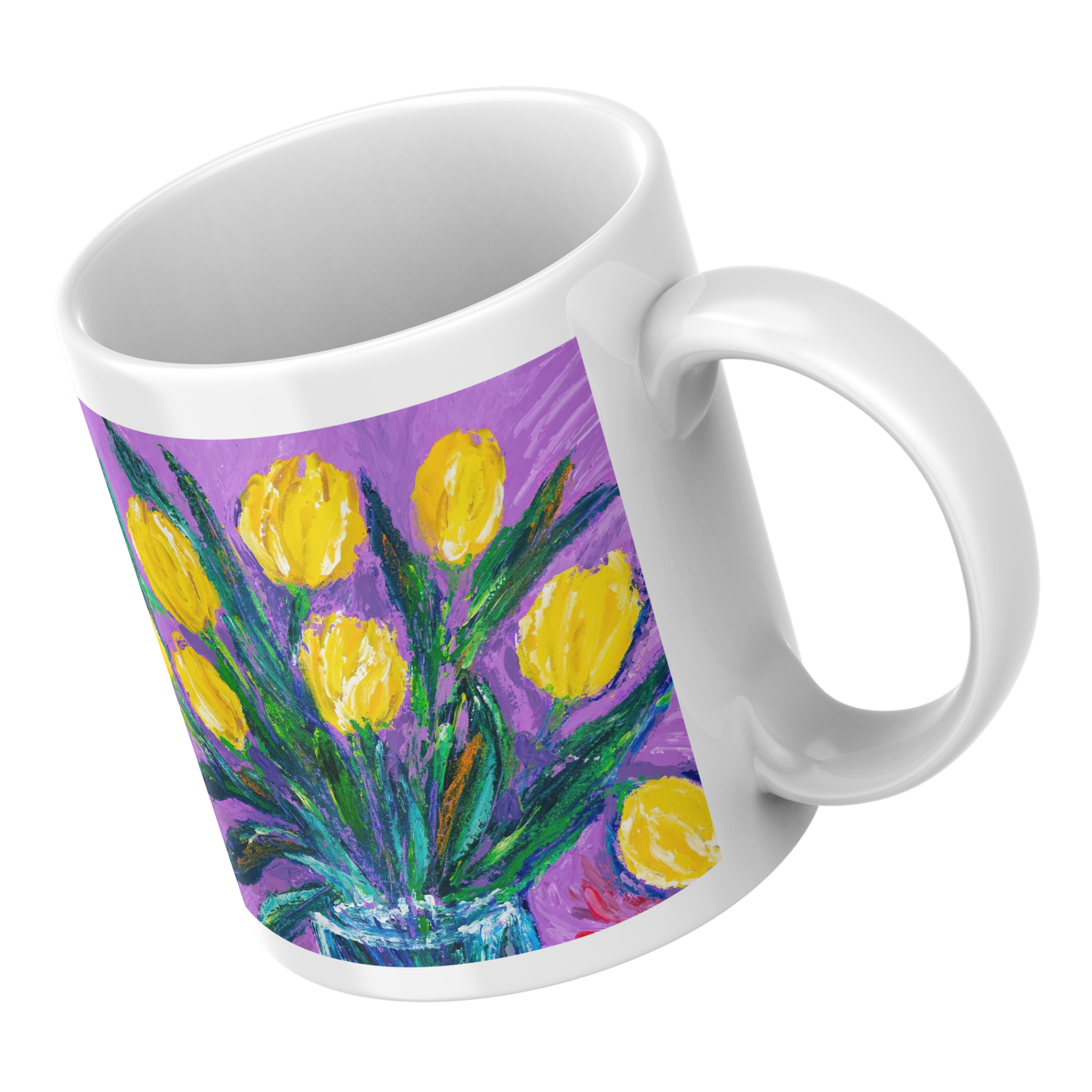 Sunlit Blooms Mug – Ceramic Mug with Yellow Tulips in a Clear Vase Artwork
