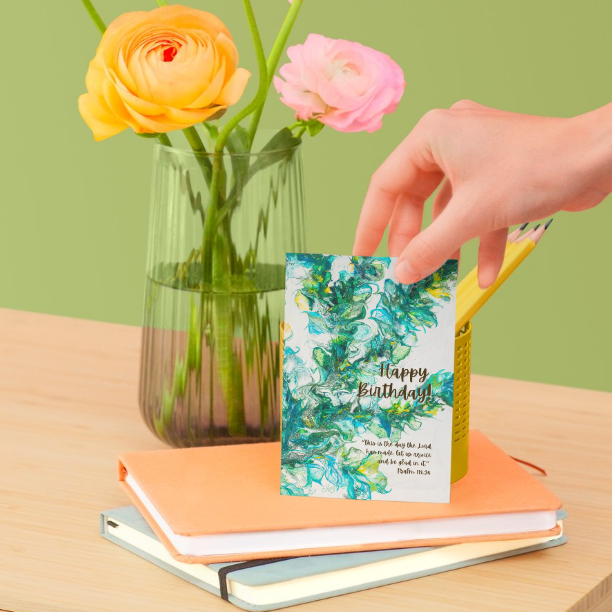 Acrylic Flow Card – Happy Birthday Greeting Card with Abstract Swirls & Psalm 118:24 Blessing