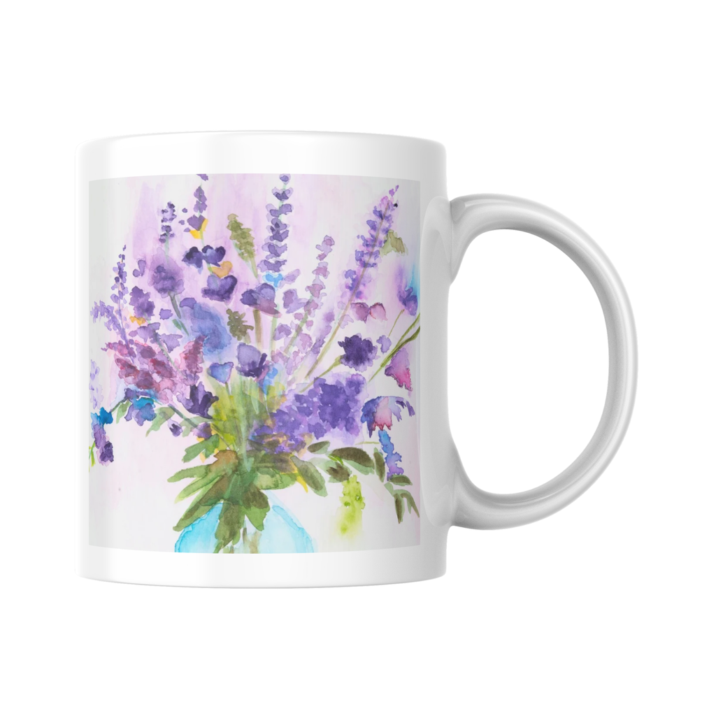 Blue Jar Bouquet Mug – Purple & Pink Flowers Ceramic Coffee Mug