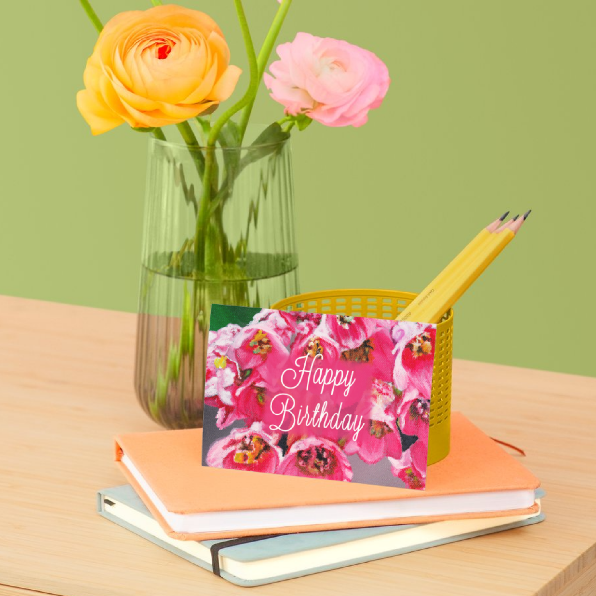 Birthday Bloom Card – Greeting Card with Pink Floral Design & Elegant Script