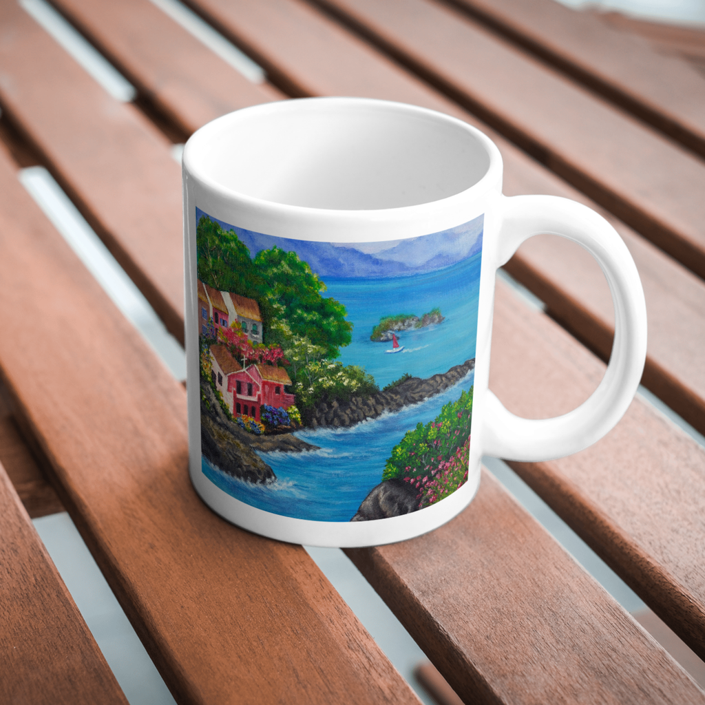 Seaside Bloom Mug – Ceramic Mug with Vibrant Coastal Village & Nature Artwork