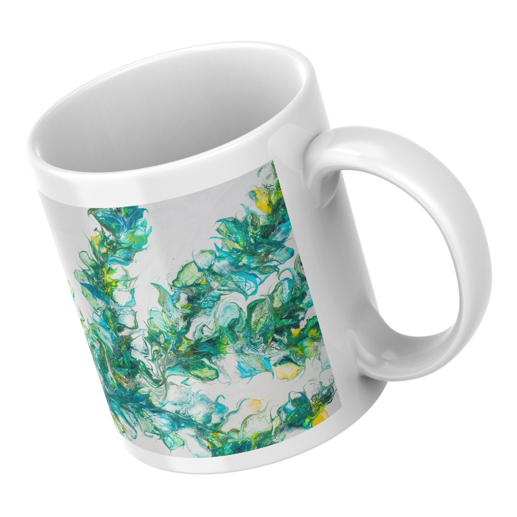Riverlight Mug – Ceramic Mug with Swirling Abstract Design in Green, Blue & Yellow