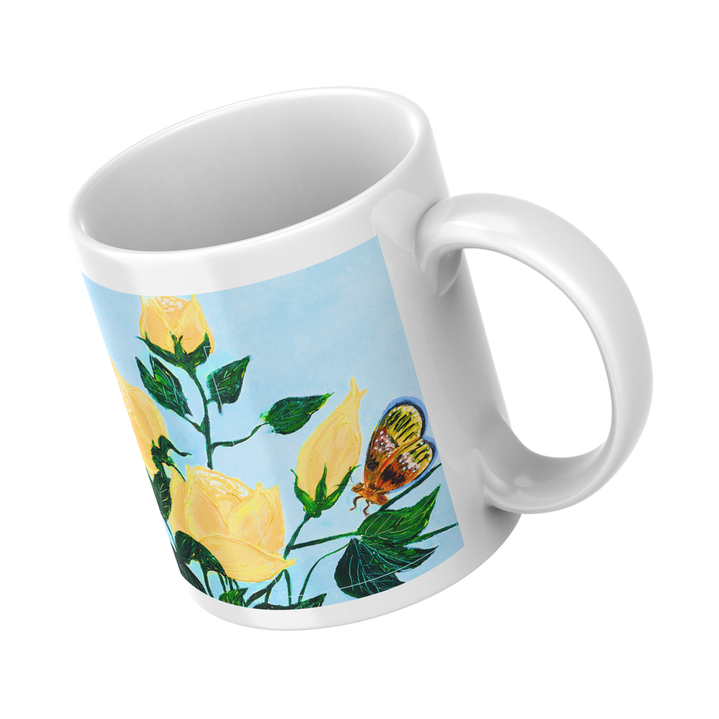 Yellow Roses & Butterfly Mug – Floral Garden Ceramic Coffee Mug