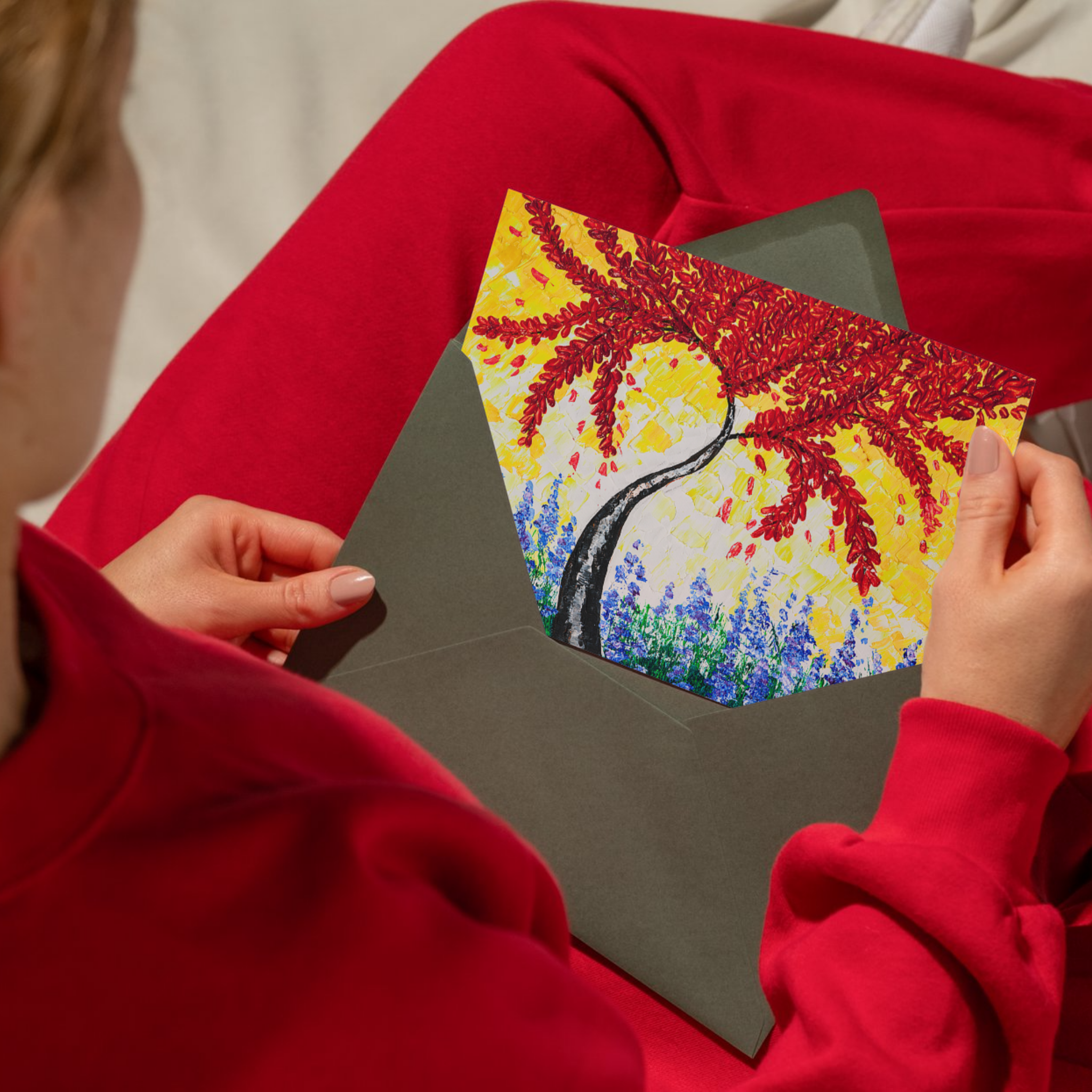 Crimson Tree Floral Card – Acrylic Painting Design
