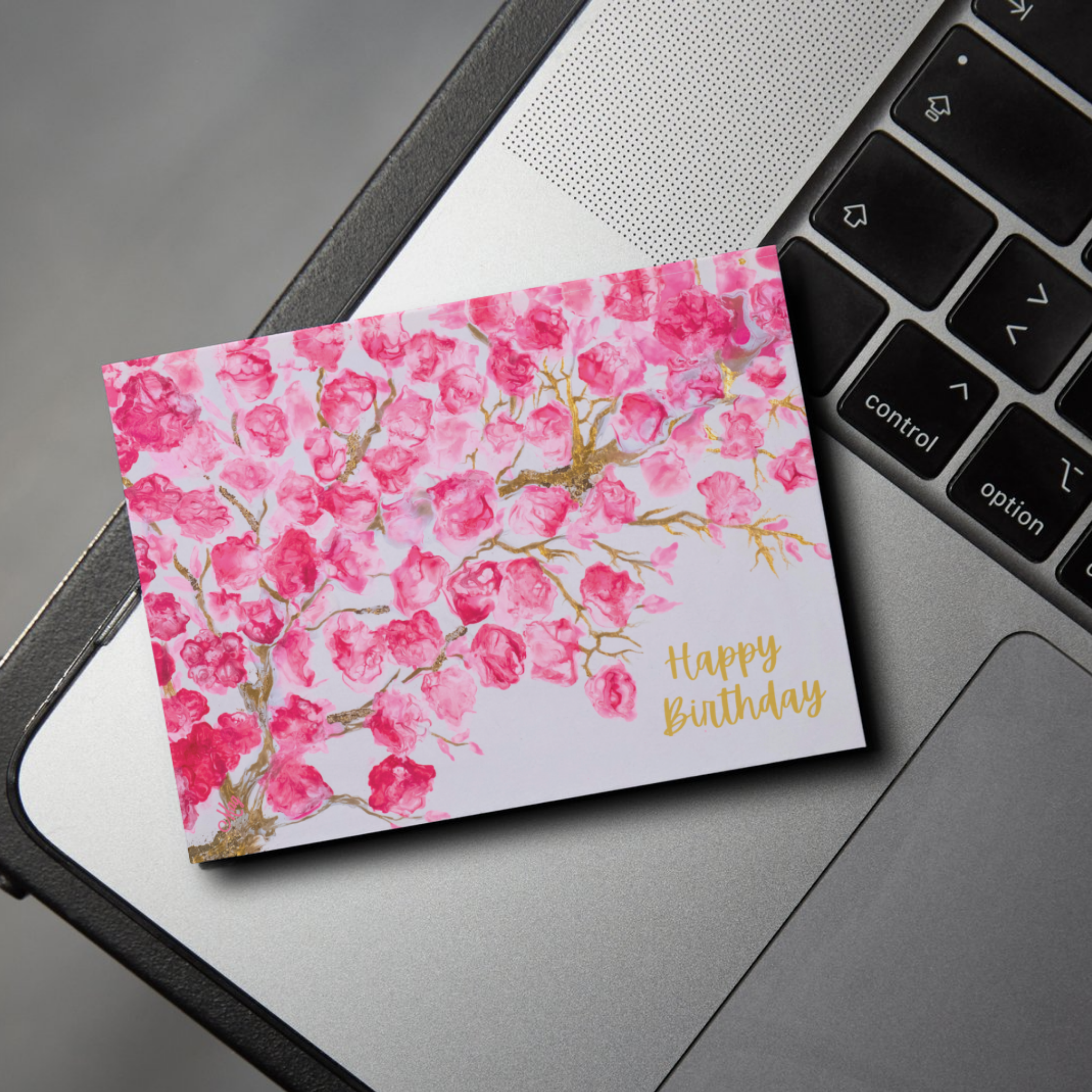 Pink Blossoms Impressionist Card – Happy Birthday Greeting Card with Pink Florals & Gold Branches