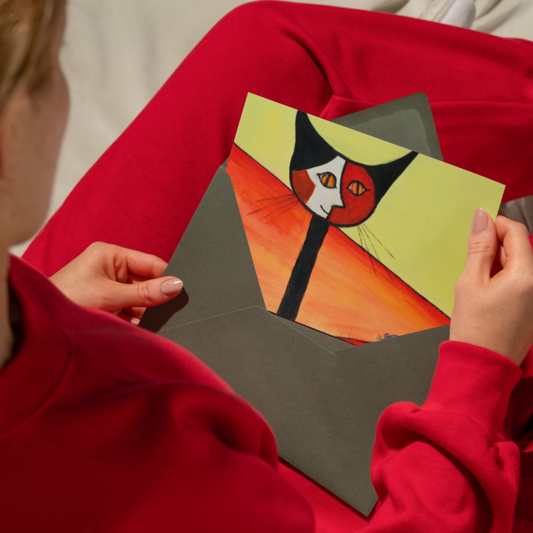 Picasso‑Inspired Cat & Mouse Abstract Art Card – Bold Colors