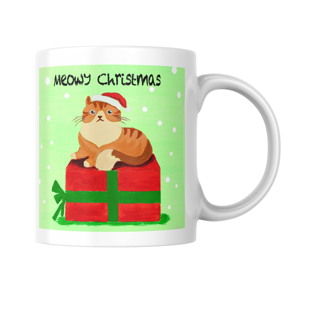 Santa Cat on Gift Box Mug – Meowy Christmas Cat Ceramic Coffee Mug