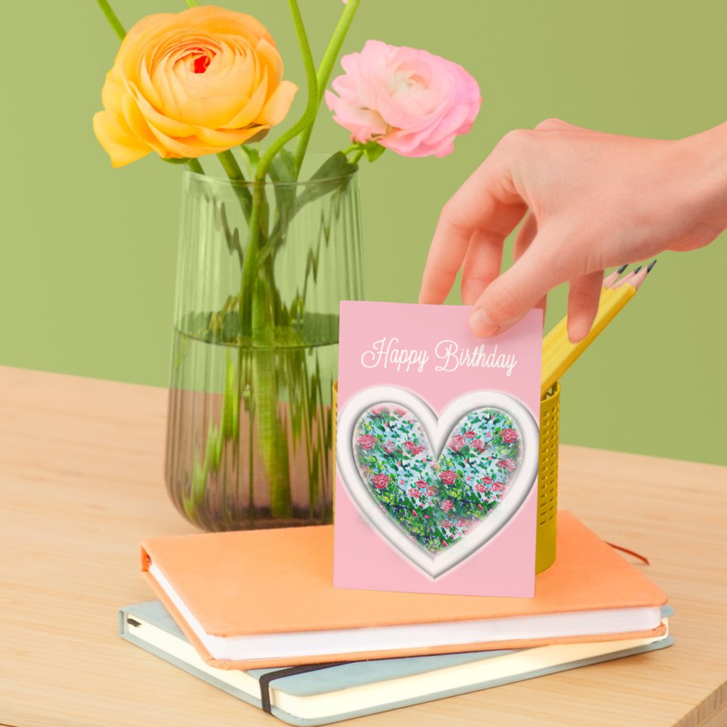 Heart & Roses Card – Happy Birthday Greeting Card with Floral Heart on Pink Background