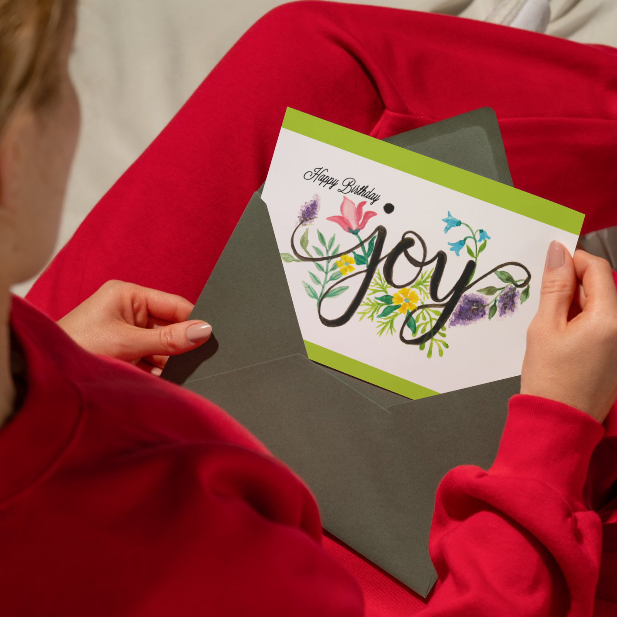 Joy Birthday Card – Floral Line & Wash Design