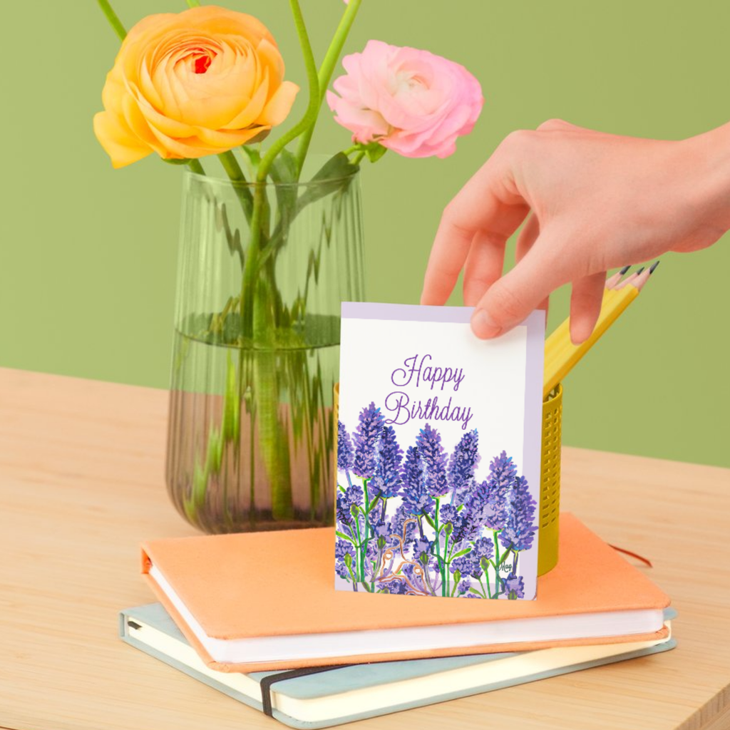 Lavender Field Card – Happy Birthday Greeting Card with Purple Florals & Framed Design