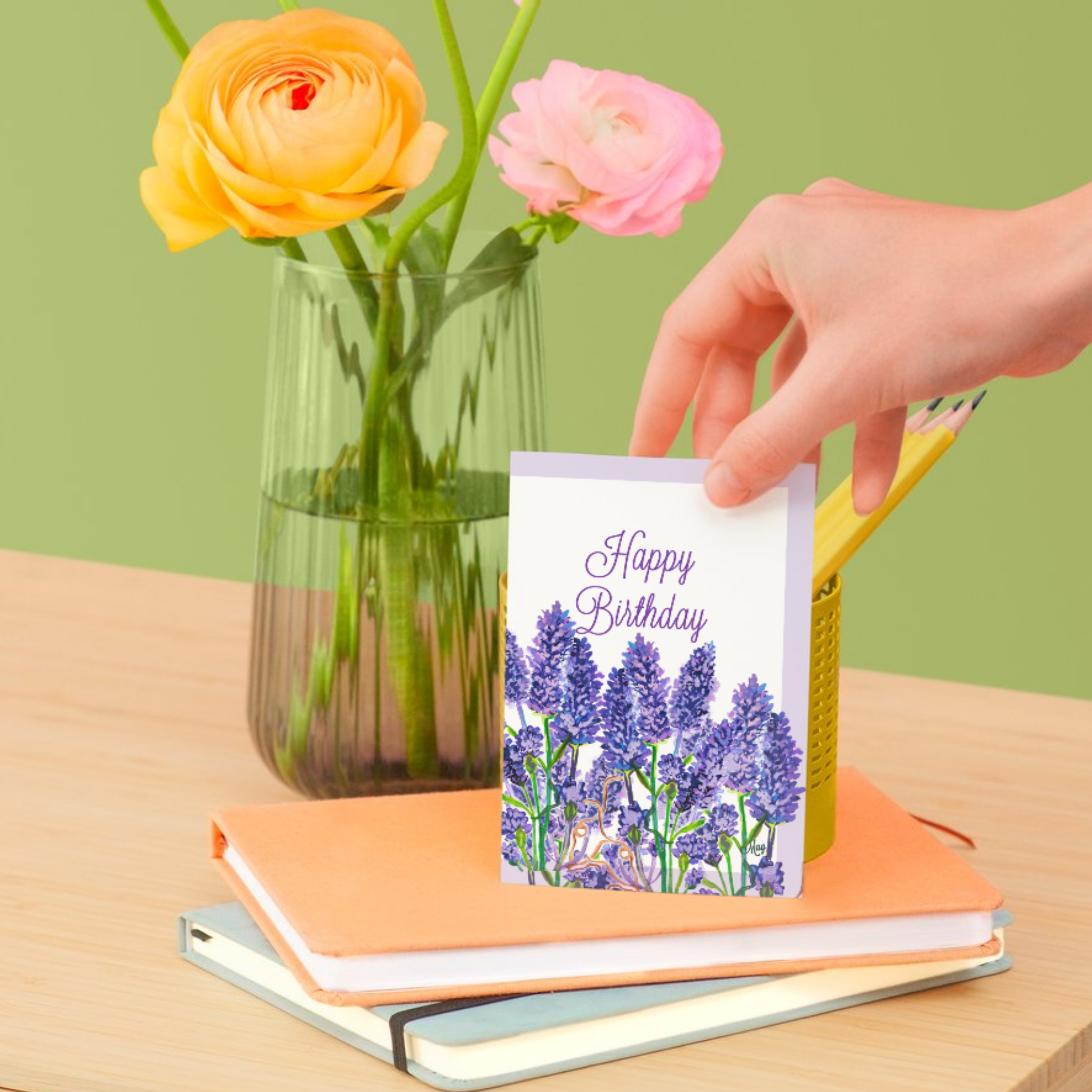 Lavender Field Card – Happy Birthday Greeting Card with Purple Florals & Framed Design