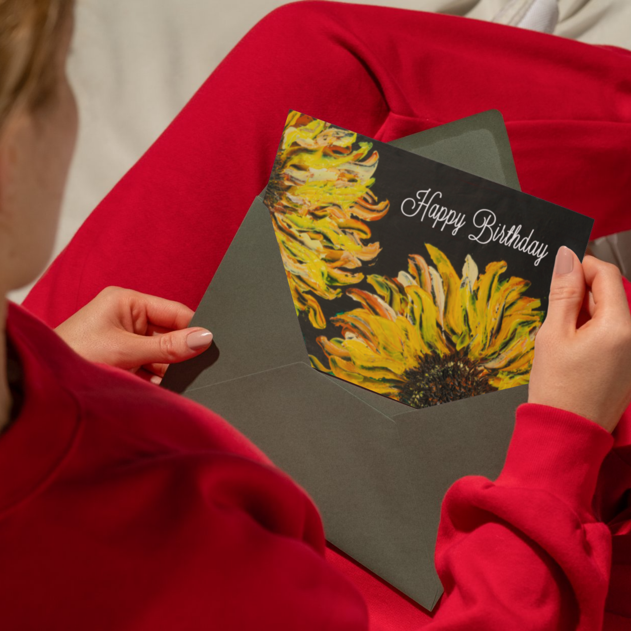 Sunflower Ember Card – Happy Birthday Greeting Card with Bold Sunflower Painting on Dark Background