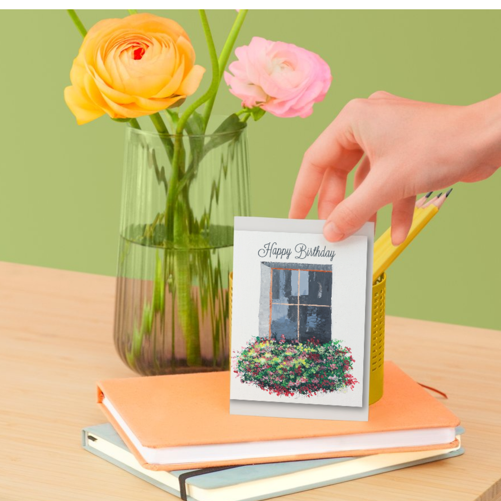 Window Garden Card – Happy Birthday Greeting Card with Painted Window & Flower Bed