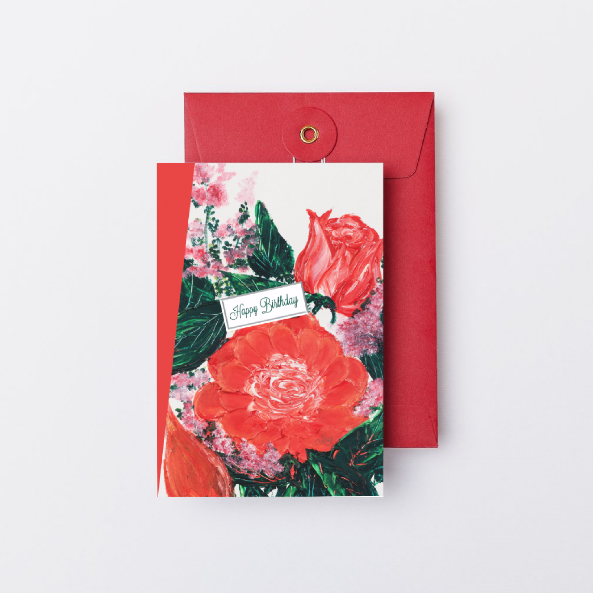 Floral Bloom Card – Happy Birthday Greeting Card with Red & Pink Blossoms