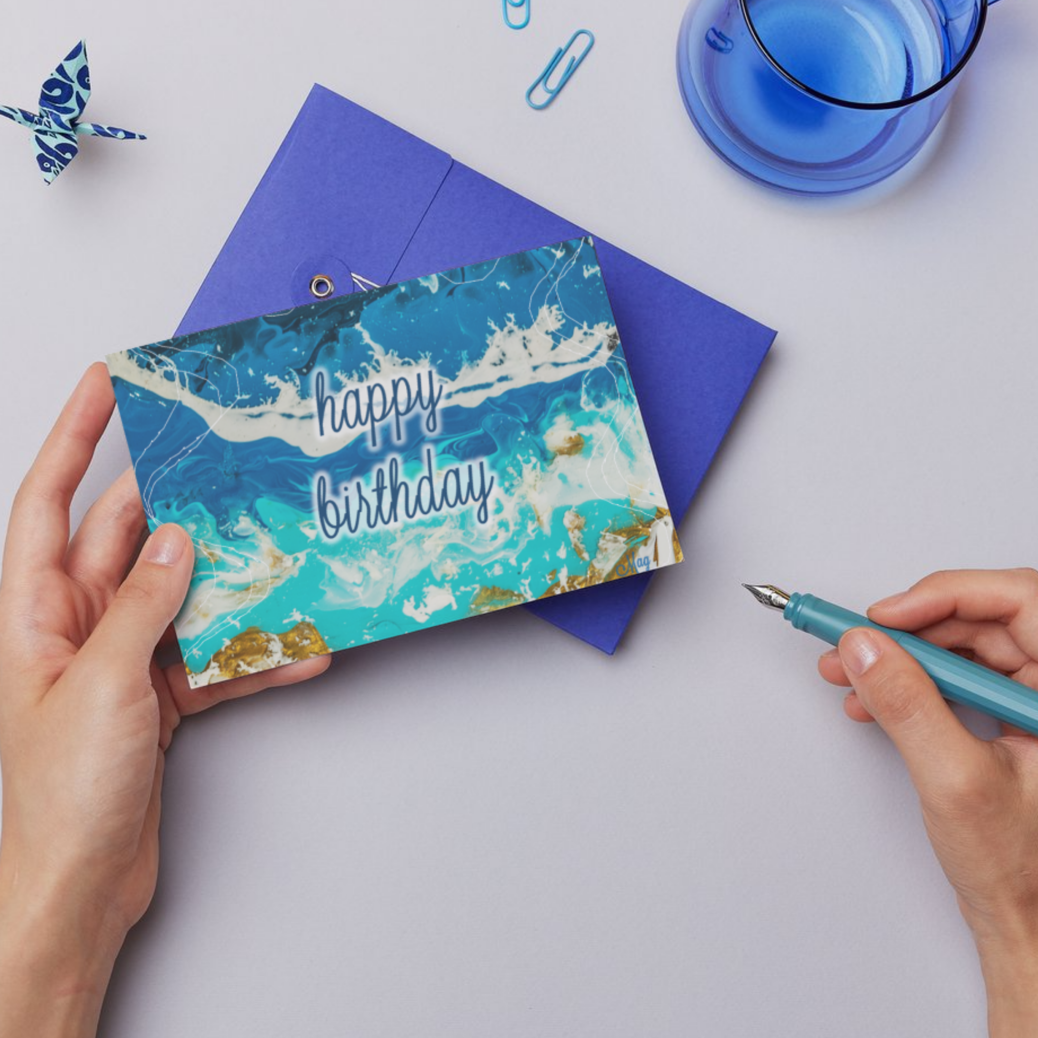 Shoreline Radiance Card – Happy Birthday Greeting Card with Acrylic Pour Sea Shore Waves