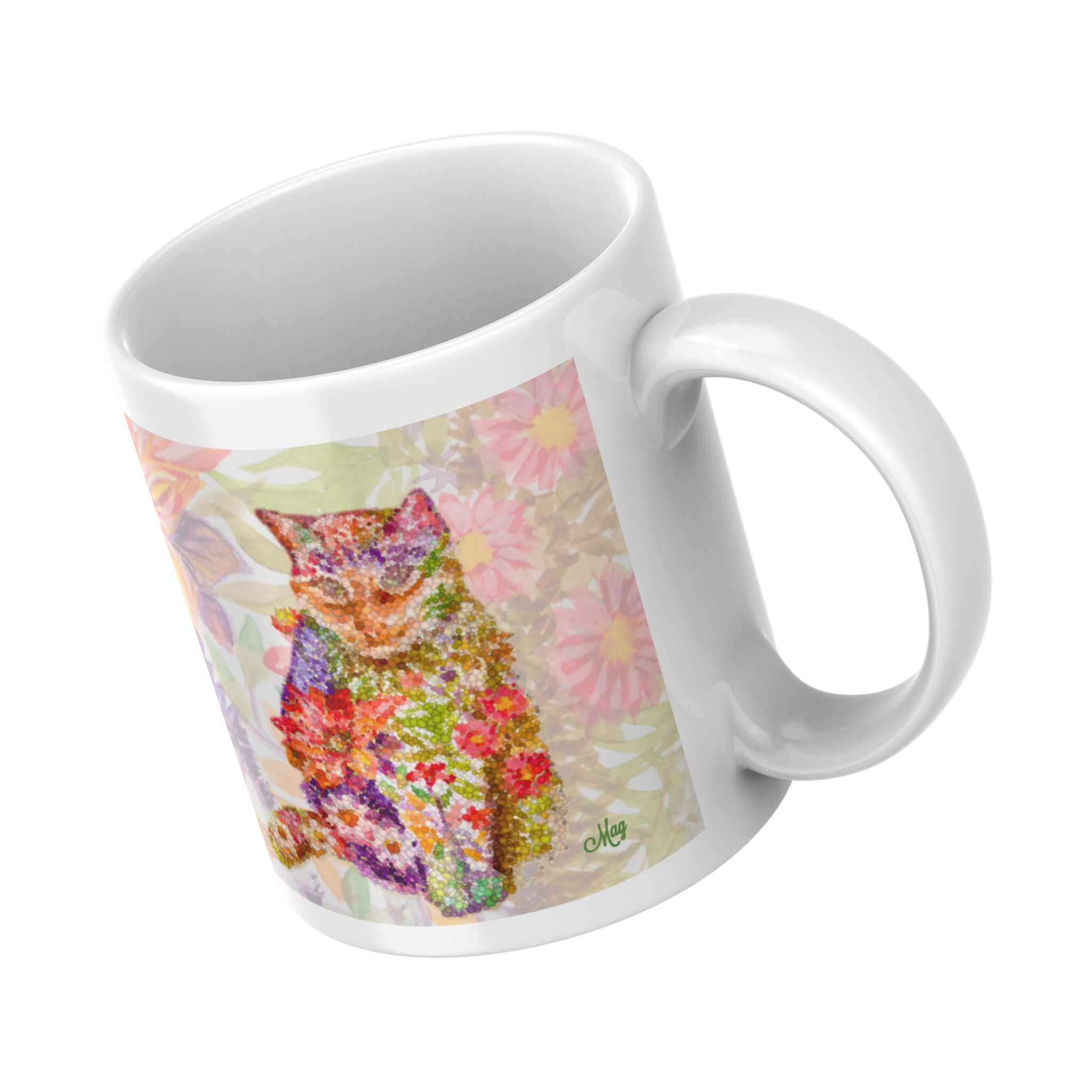 Floral Pointillism Cat Mug – Vibrant Colorful Cat Ceramic Coffee Mug