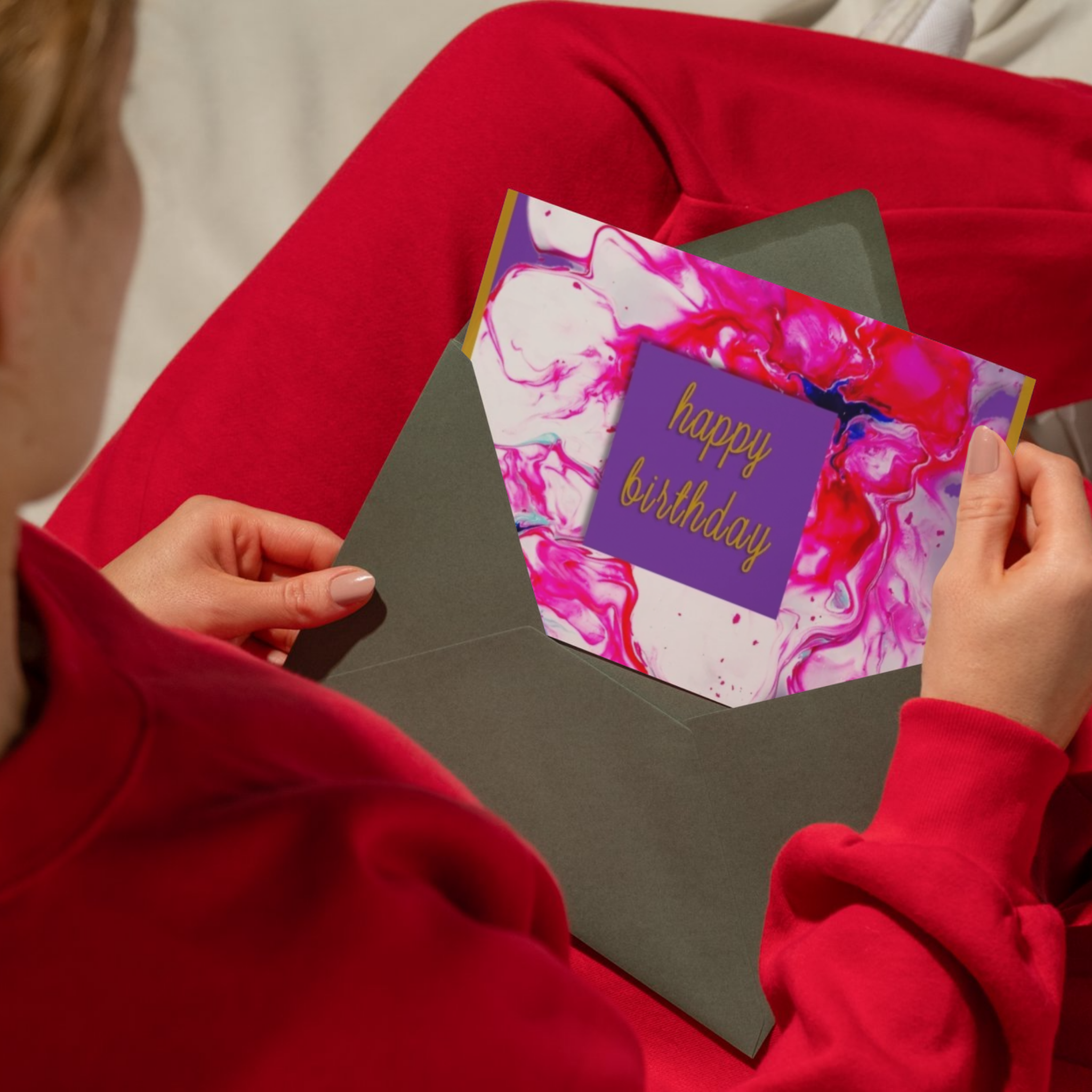 Radiant Swirl Acrylic Flow Card – Happy Birthday Greeting Card with Purple Floral & Gold Frame