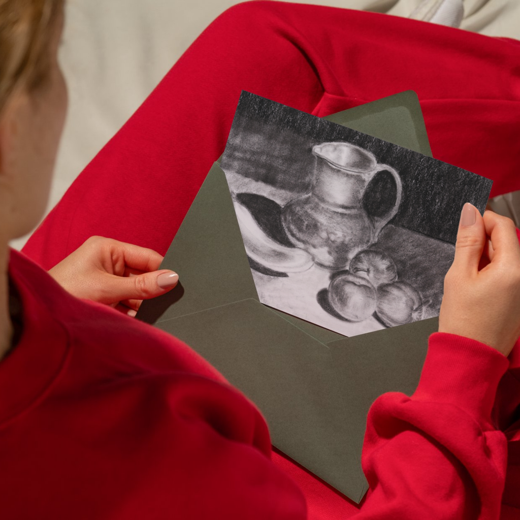 Still Life with Pitcher and Fruit – Charcoal Art Greeting Card (Original Drawing)