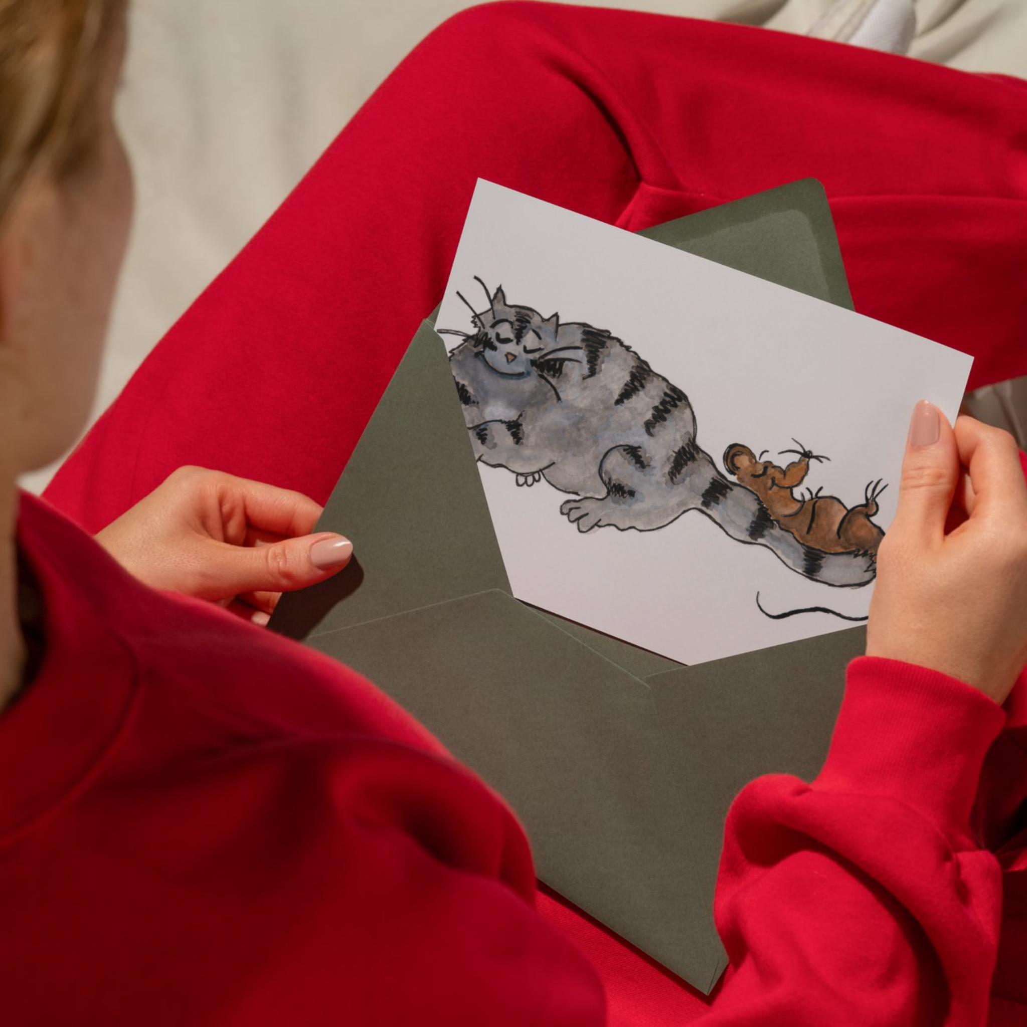 Cat & Mouse Inspired Line and Wash Art Card – Whimsical Friendship