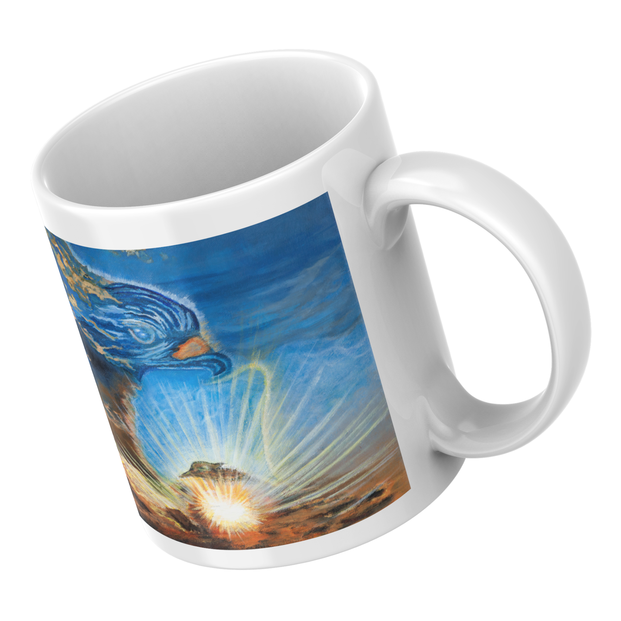 Messenger in the Sky Mug – Ceramic Mug with Surreal Cloud Bird & Sunburst Artwork