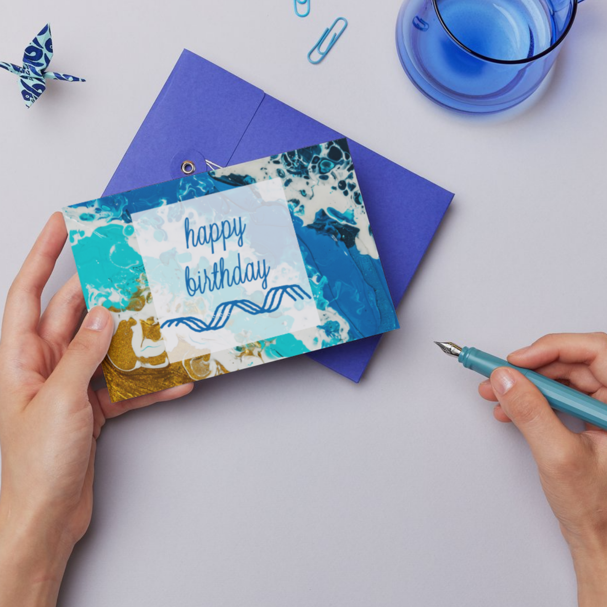 Shoreline Glow Card – Happy Birthday Greeting Card with Acrylic Pour Sea Shore Waves