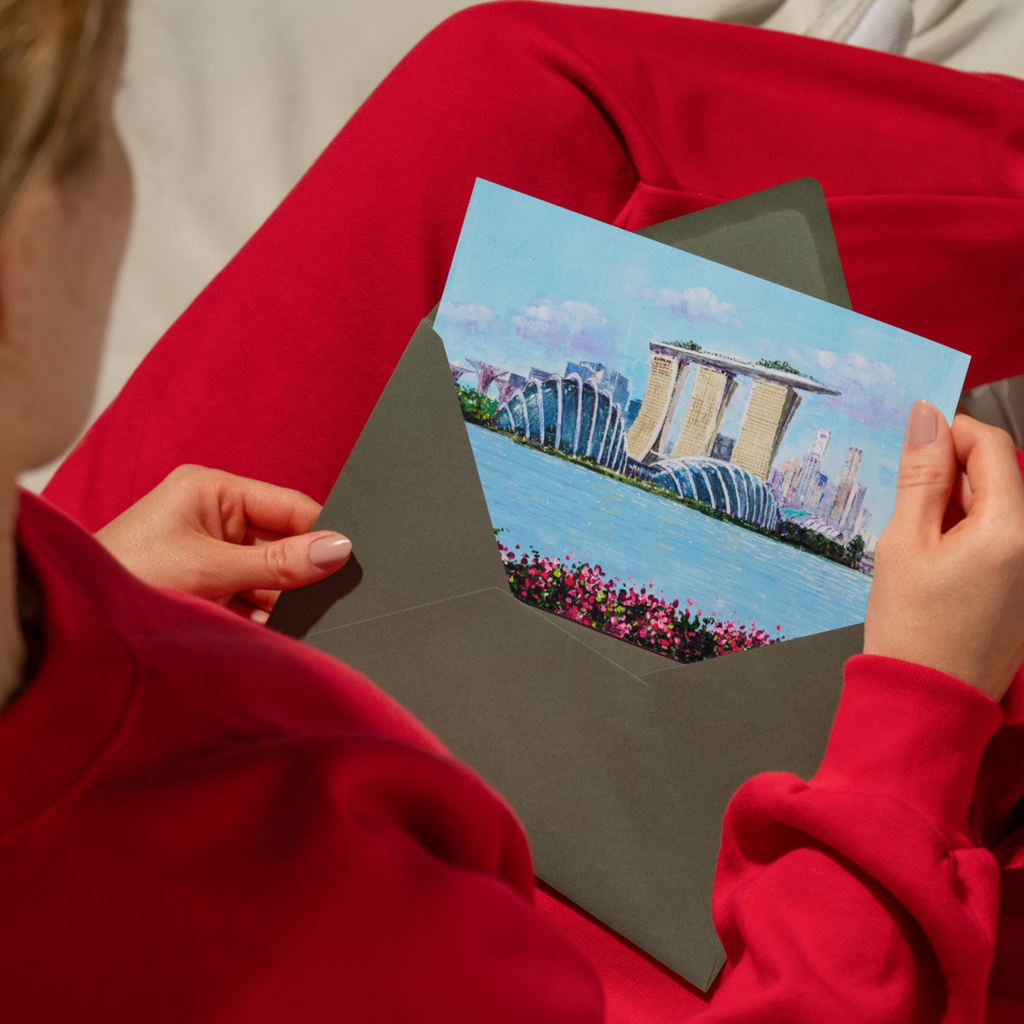 Marina Bay Sands & Gardens Landscape Card – Curated Acrylic Painting Design
