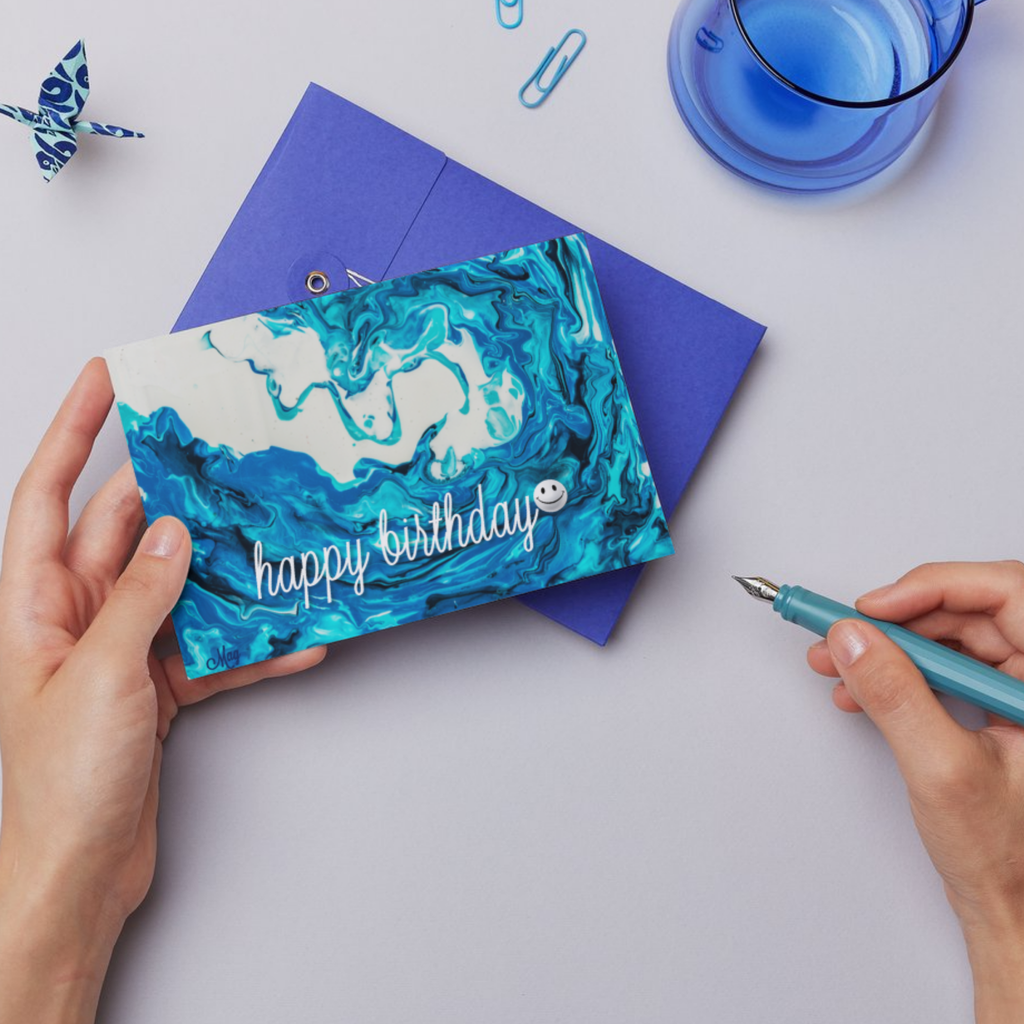 Ocean Swirl Card – Happy Birthday Greeting Card with Acrylic Pour Wave & Smiley Detail