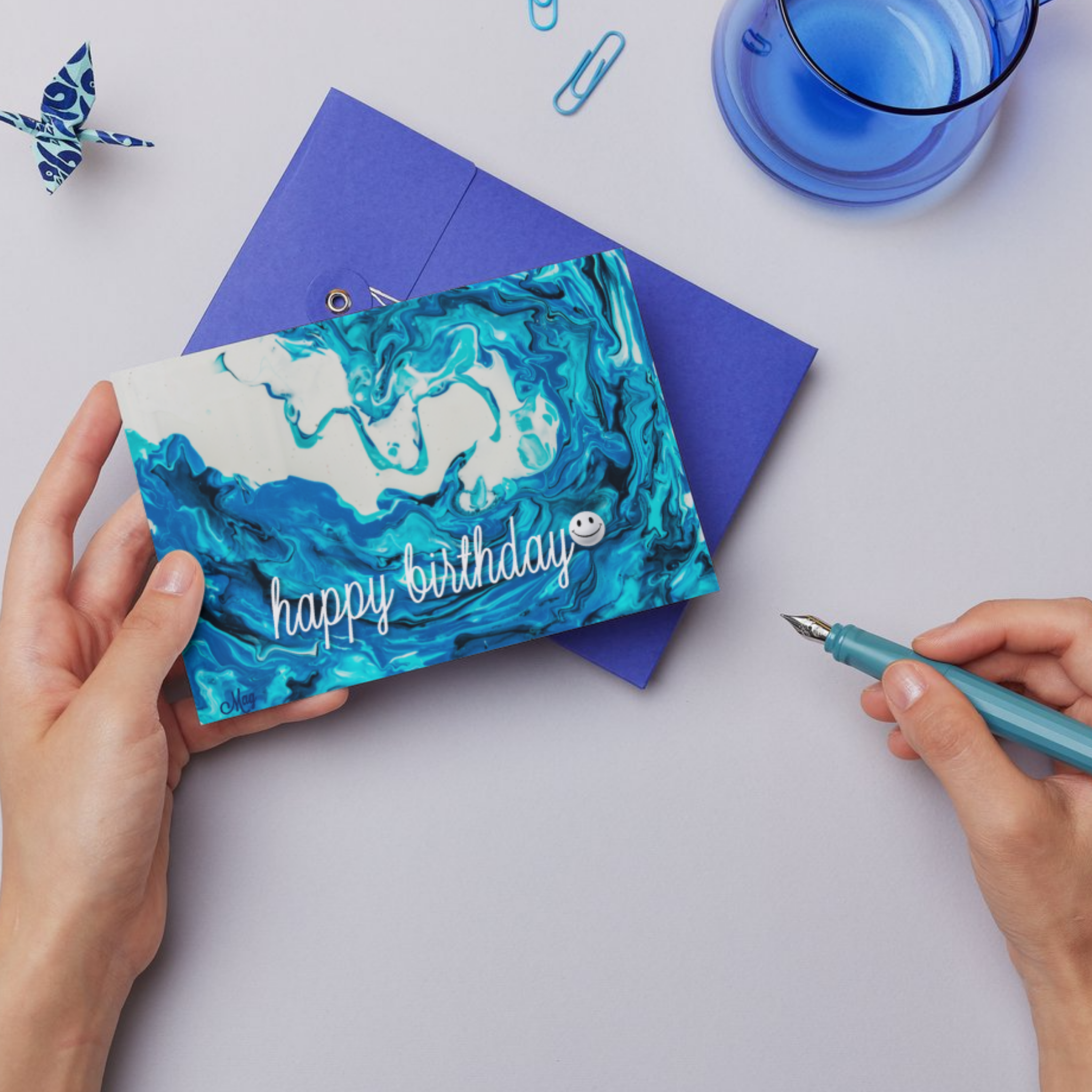 Ocean Swirl Card – Happy Birthday Greeting Card with Acrylic Pour Wave & Smiley Detail