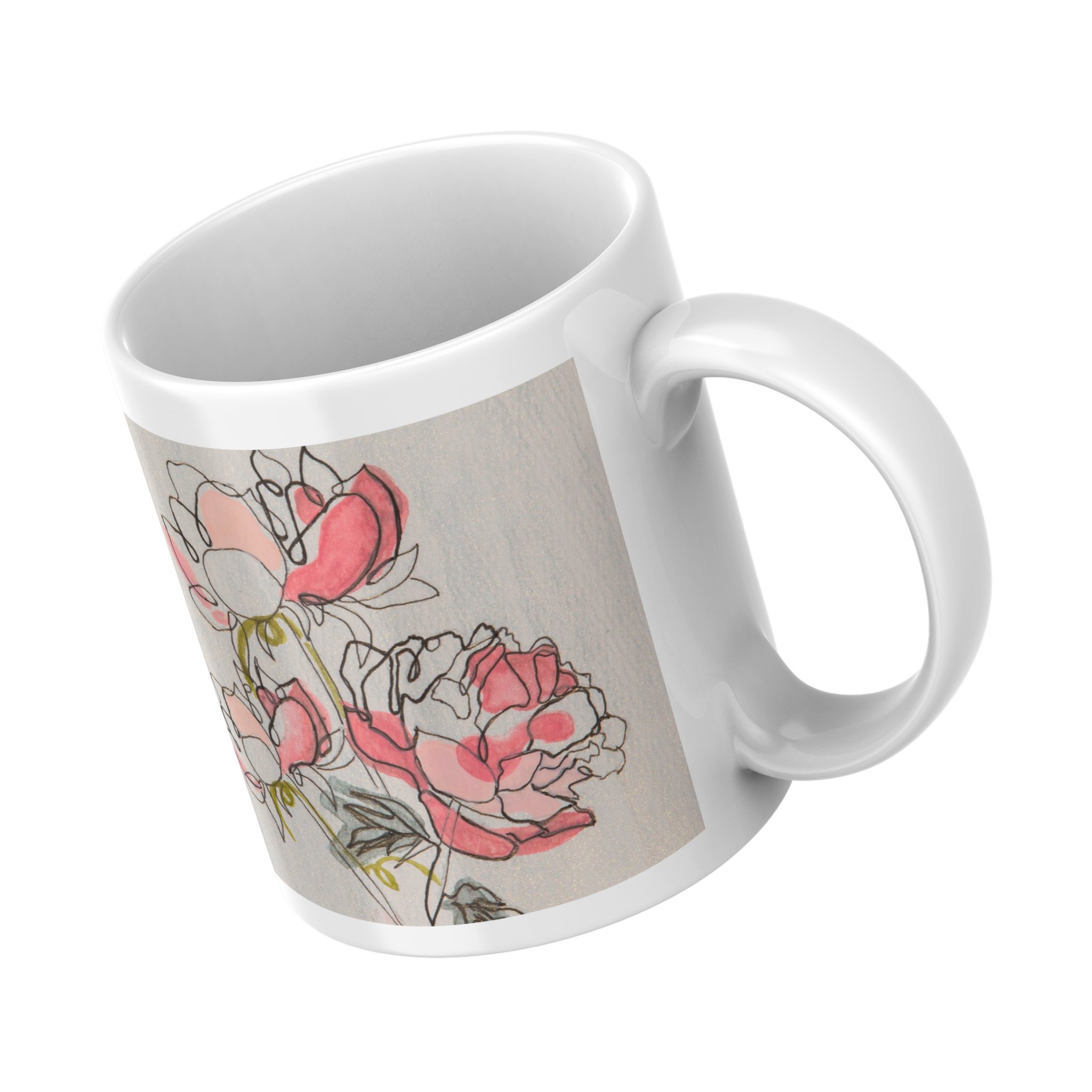 Modern Peony Mug – Line & Watercolor Ceramic Coffee Mug