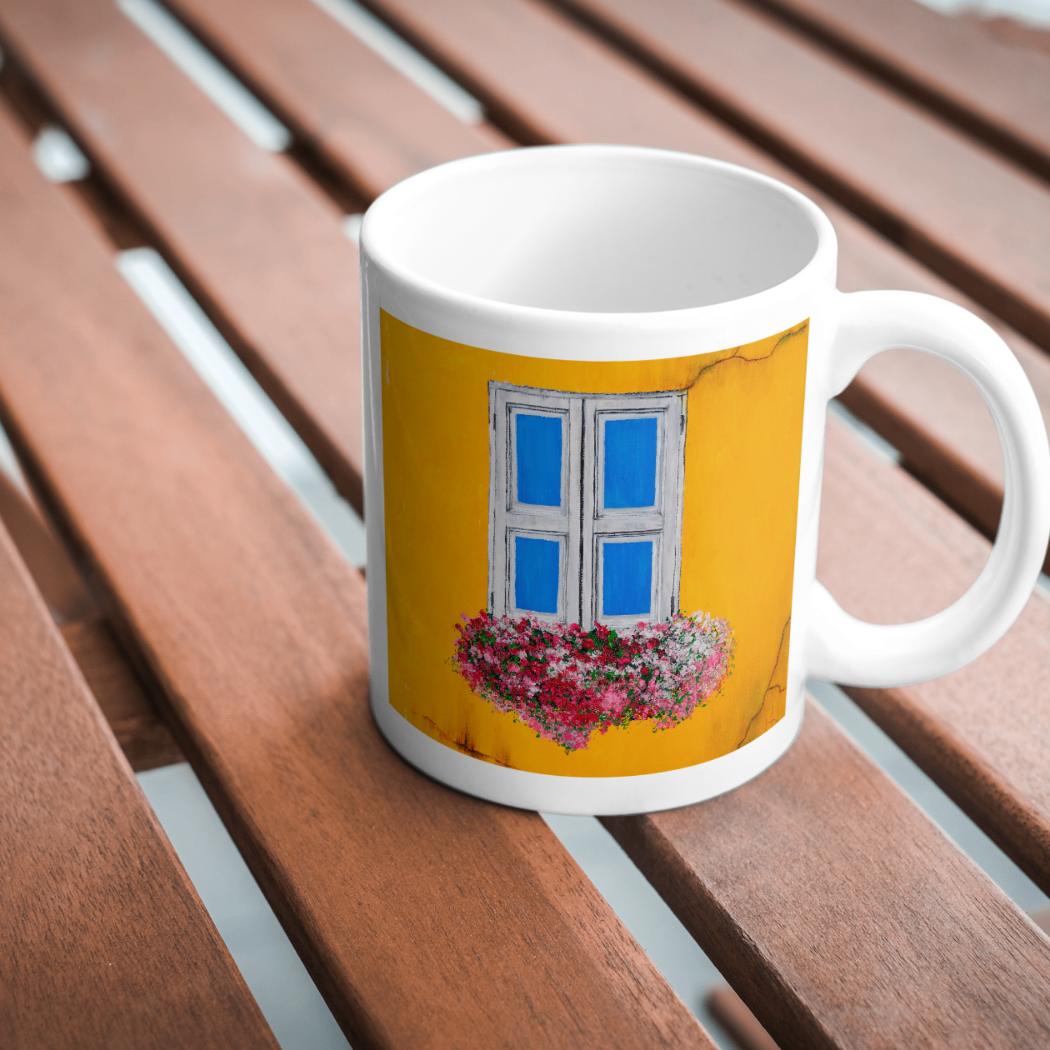 Window Bloom Mug – Ceramic Mug with Vibrant Rustic Window & Floral Artwork