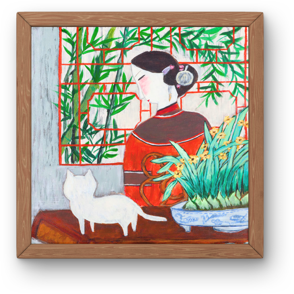 Oriental Lady with Cat Canvas Print – A3 Bamboo Garden Wall Art