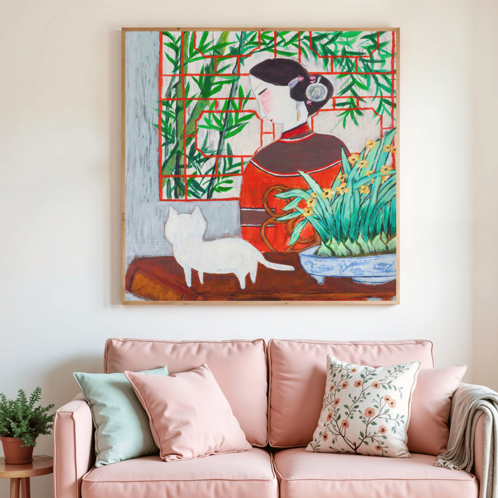 Oriental Lady with Cat Canvas Print – A3 Bamboo Garden Wall Art