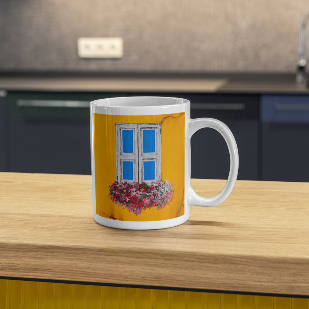 Window Bloom Mug – Ceramic Mug with Vibrant Rustic Window & Floral Artwork