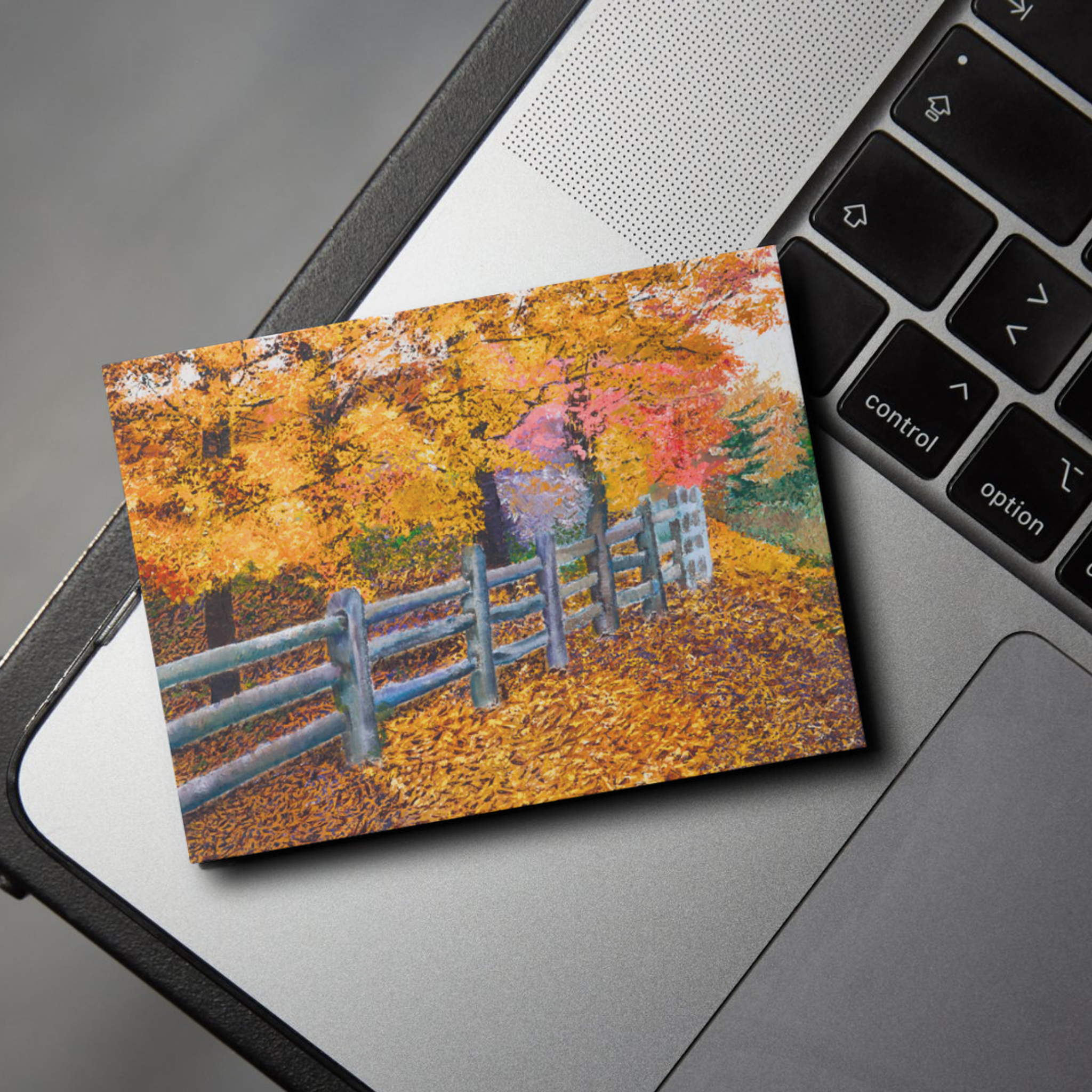 Autumn Fence Landscape Card – Acrylic Painting Design