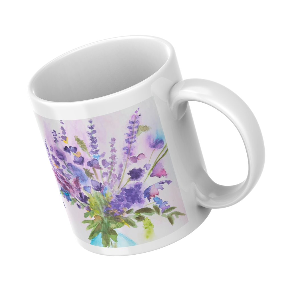 Blue Jar Bouquet Mug – Purple & Pink Flowers Ceramic Coffee Mug