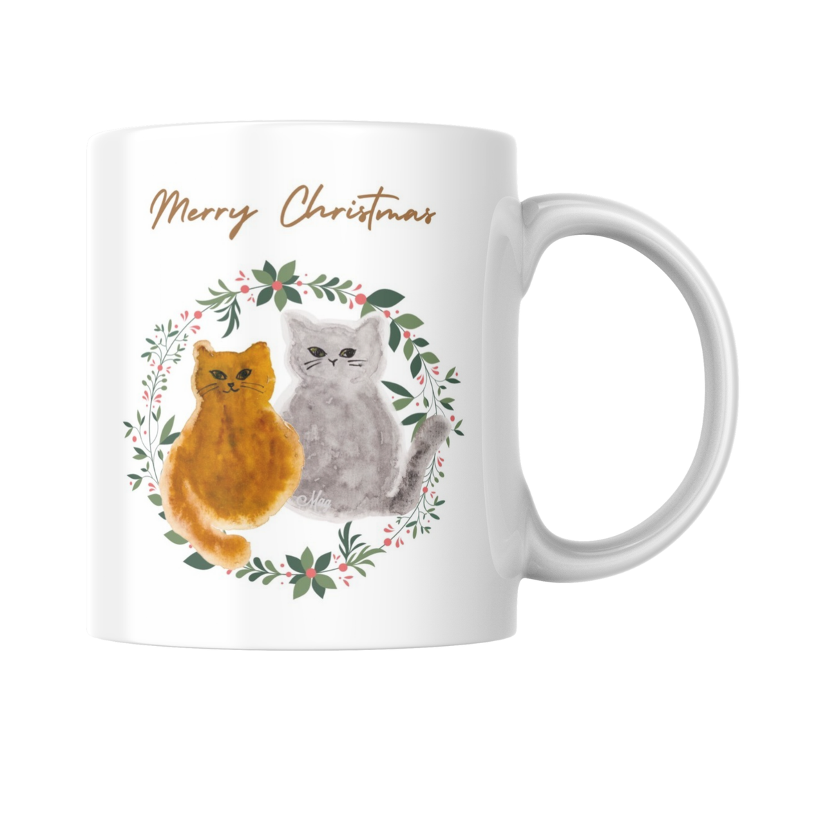 Two Cats Floral Wreath Mug – Merry Christmas Cats Ceramic Coffee Mug