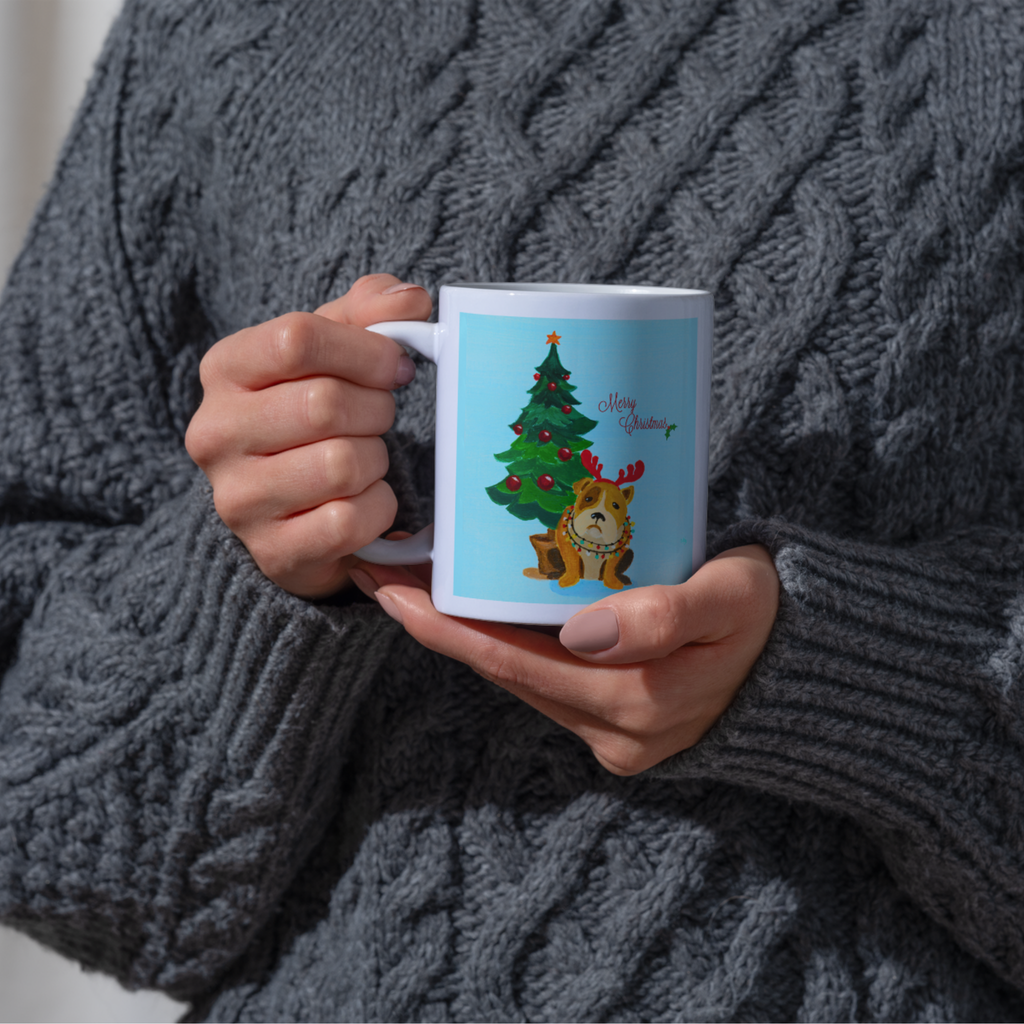 Grumpy Bulldog Reindeer Mug – Funny Christmas Dog Ceramic Coffee Mug